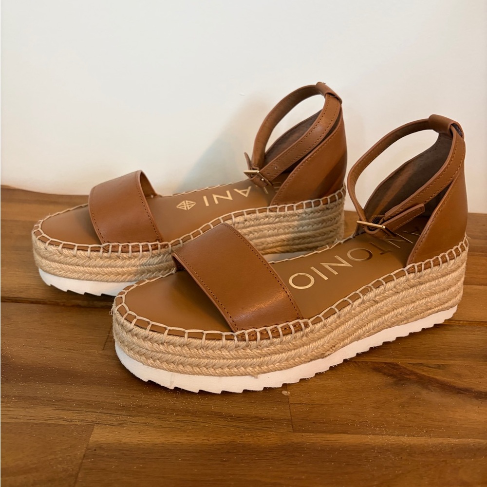 ANTONIO MELANI Brown Leather Espadrille Wedge Sandals with Ankle Strap